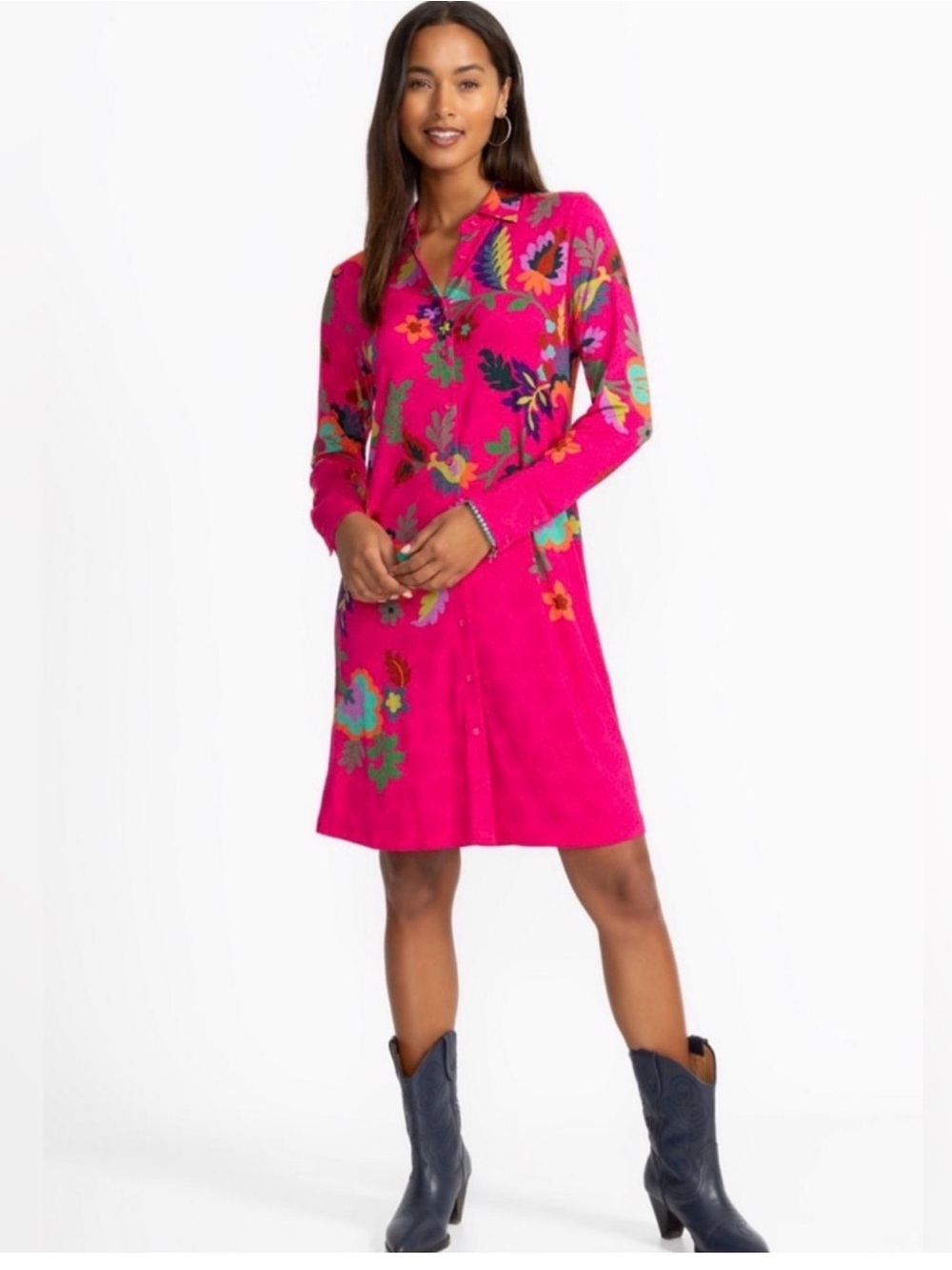 NWT🆕 Johnny Was "Janie
Favorite" shirt dress in vibrant Verney pink print. S